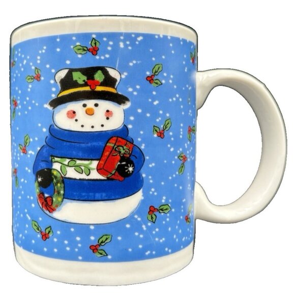 Vtg Christmas Holiday Snowman Coffee Tea Cup Mug Holly Blue Gift Lindsey Jordan - Picture 1 of 7